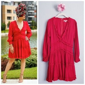 Mable Red Long Sleeve Ruffle Trim Dress